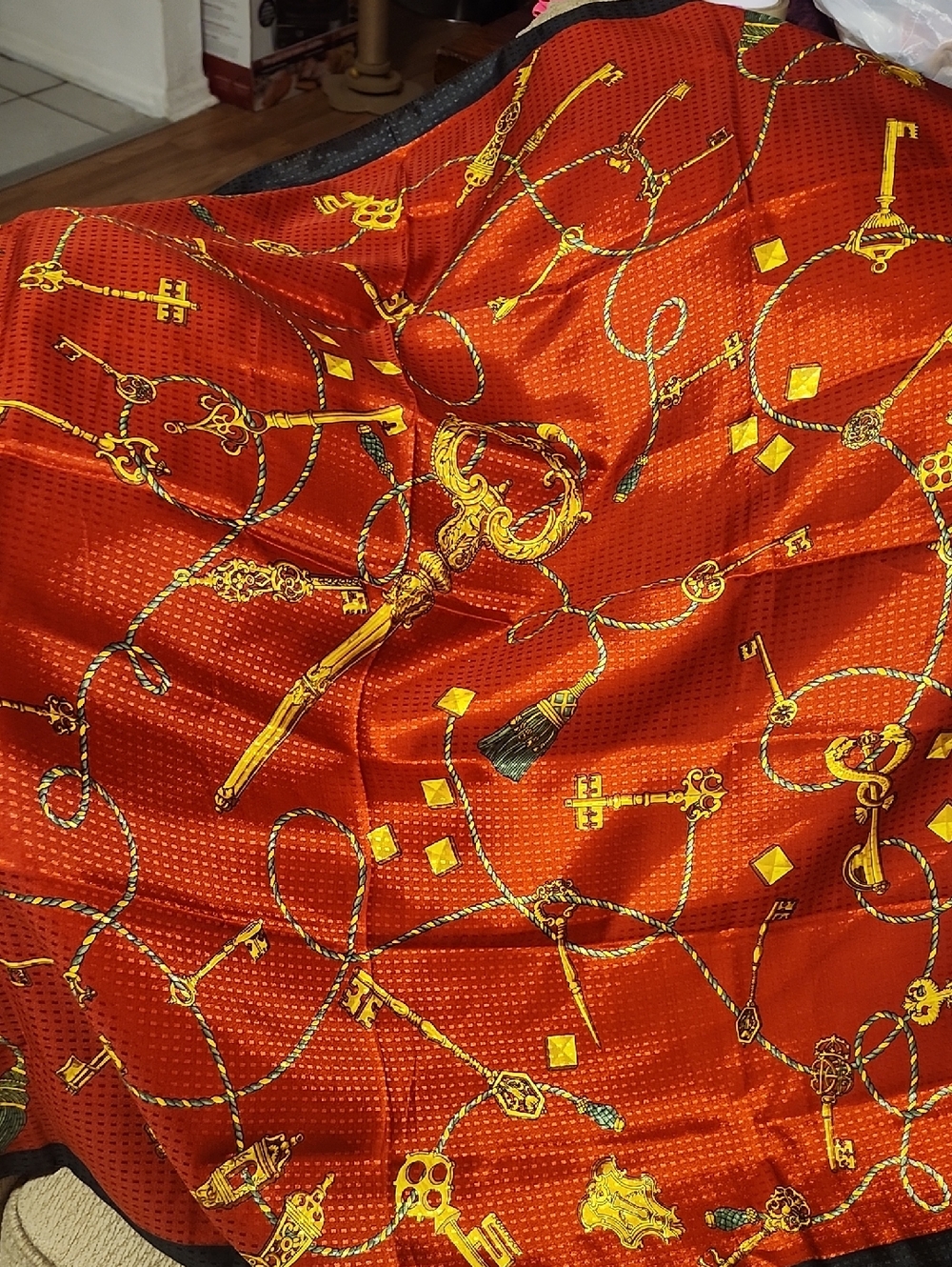 Avon Red and Gold Key Motif Silk-Look Scarf